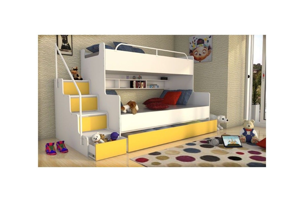 Łóżko piętrowe JIM dla dzieci 3 osobowe z materacami biało-żółte
