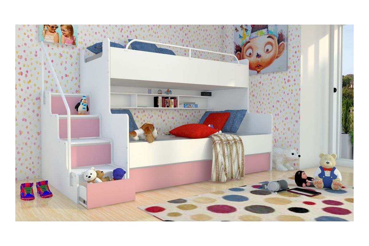 Łóżko piętrowe JIM 3 osobowe z materacami biało-różowe