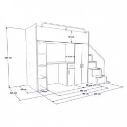 Schemat wymiarów łóżko piętrowe JENNY ze schodami Zestaw mebli do pokoju dziecięcego JENNY ze schodami  biały